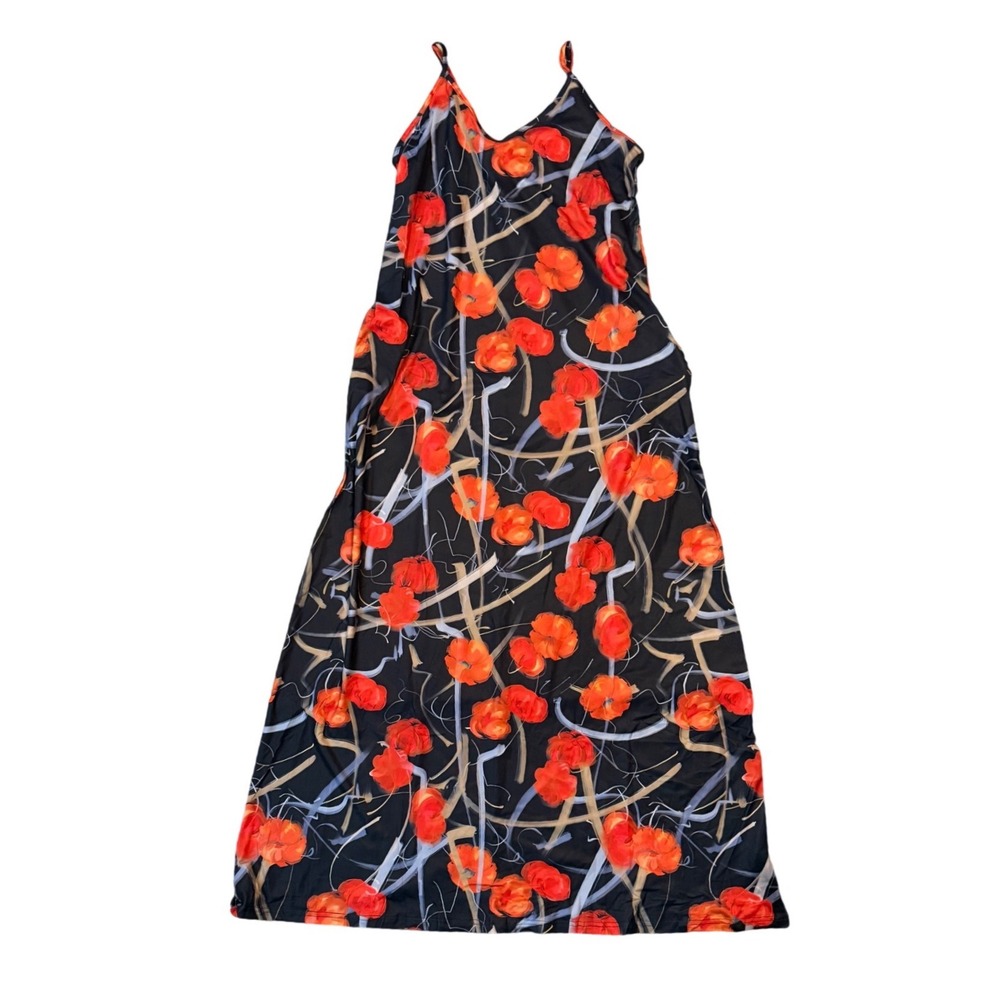 Women Floral Print Spaghetti Strap Maxi Dress Size S Black Orange Pockets‎